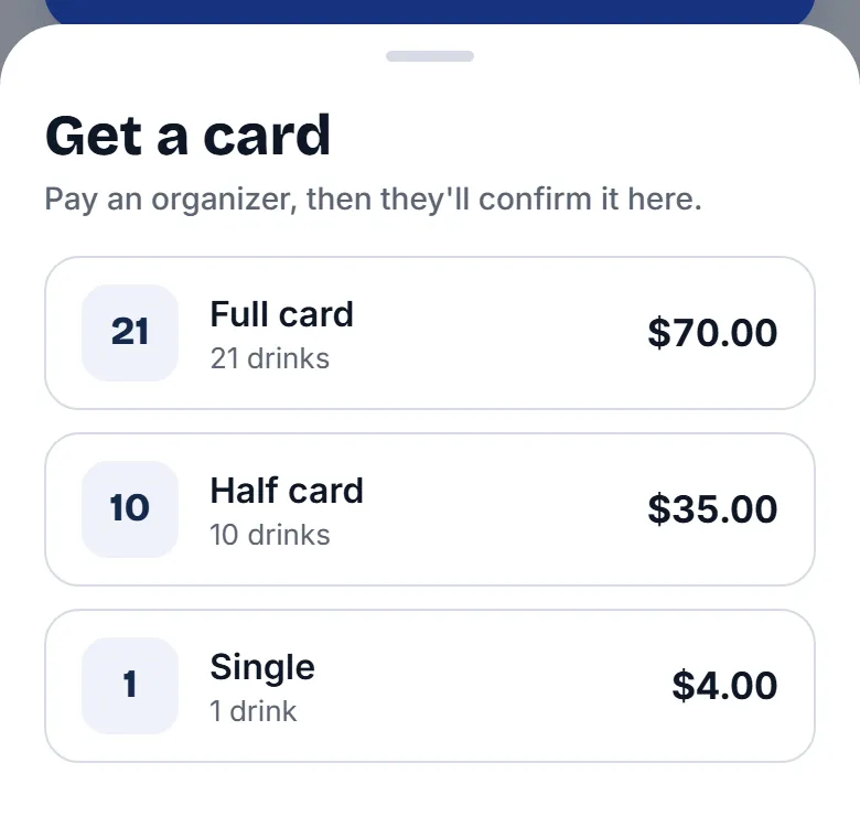 The Get a card sheet in the app, listing a full card, a half card and a single with their prices.