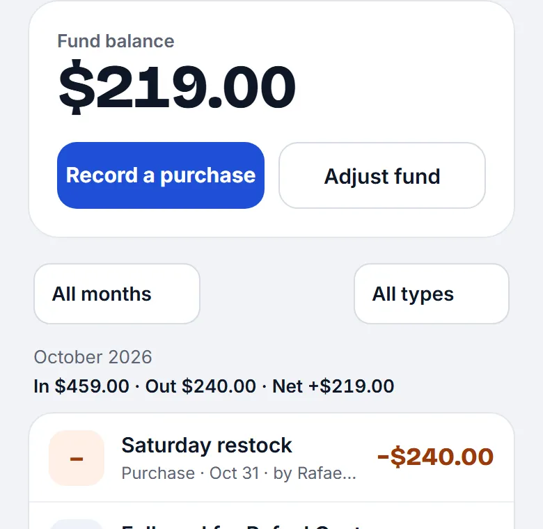 The fund in the app: a balance of $219.00 above a Record a purchase button and the latest entries.